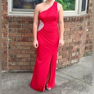 One shoulder red prom dress with jewels